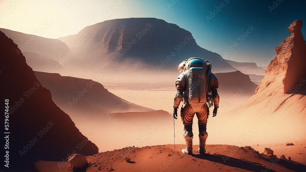astronaut staying on top of mars hills and looking at sun and landscape of dry red planet with some mountains and hills, generative AI astronaut staying on top of mars hills and looking at sun and landscape of dry red planet with some mountains and hills, generative AI
