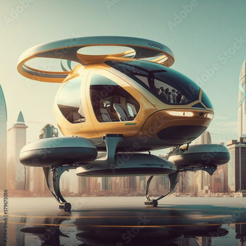 In a futuristic city, the future of urban air mobility includes city air taxis, public aerial transportation. AI © Usmanify