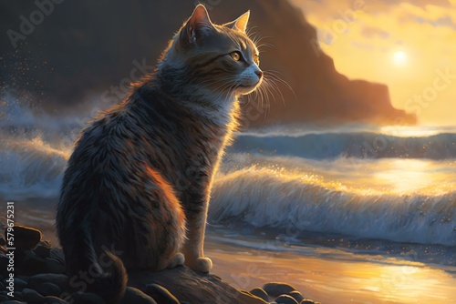 cat in front of a scenic beaches (AI Generated)