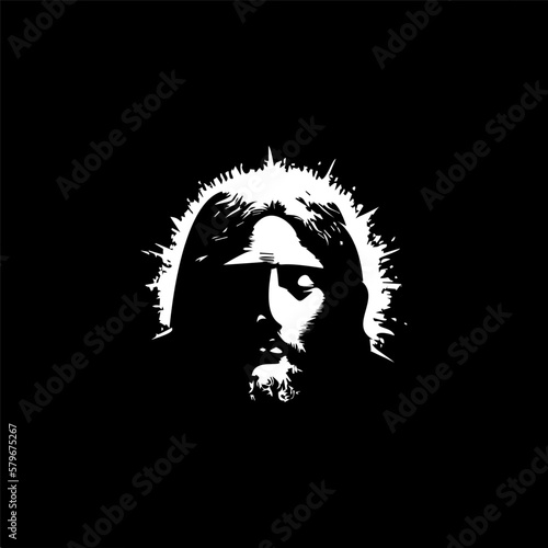 Jesus Christ face dotwork tattoo with dots shading, depth illusion, tippling tattoo. Handdrawing white emblem on black background for body art, minimalistic sketch monochrome logo.Vector illustration