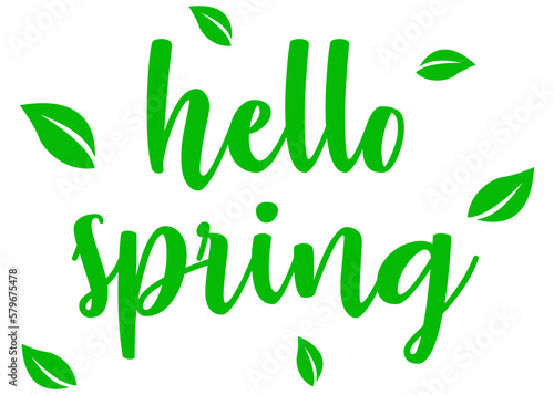 Logo aislado con letras del mensaje hello spring en texto manuscrito con silueta de hojas de árbol en color verde