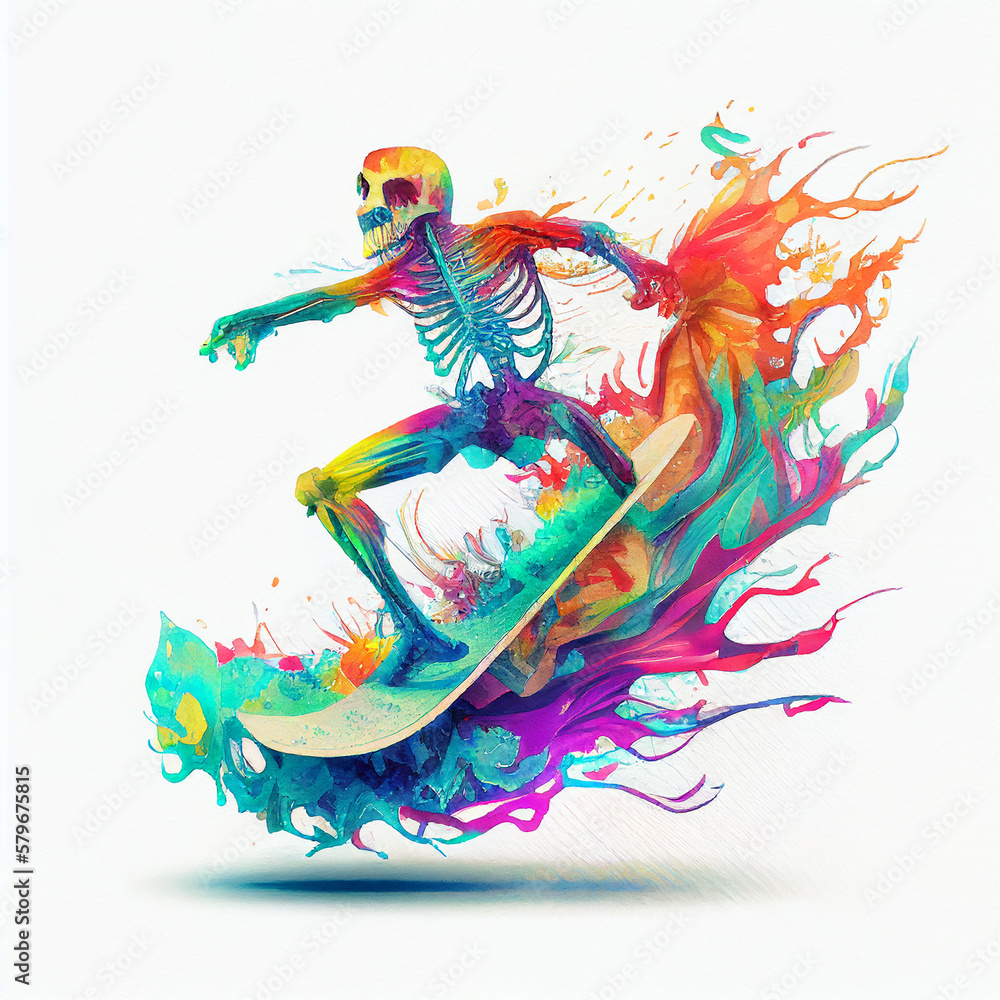 Skeleton surfing on ocean wave.