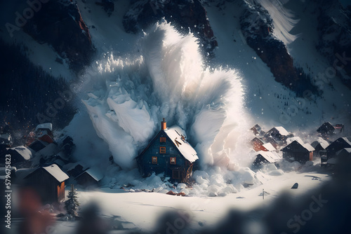 Print op canvas Collapse avalanche in the mountains on a group cluster village town, houses victims is covered by a powerful cloud of snow dust, a blizzard