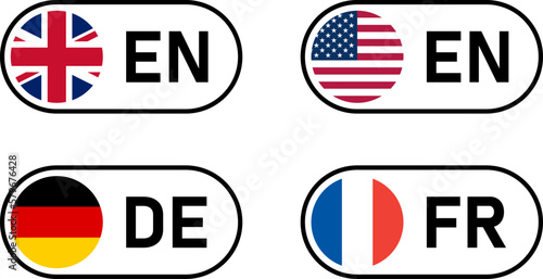 Toggle Slider Style Flag Selection Button Icon Set including UK United Kingdom USA United States of America Germany and France Flags with Language Codes for English, German and French. Vector Image.