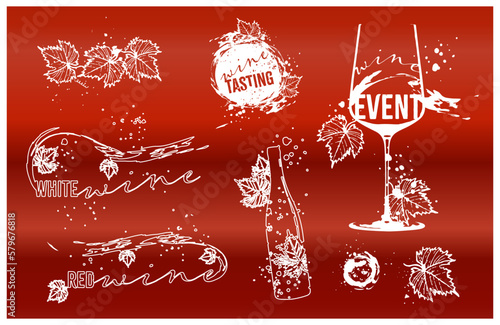 Wine tasting - hand drawn line art of wine, bottles and glasses. Art for menu, shop, market or sale. Wine bottles with wine stains. Sketchy collection of grape leaves and different wine elements.