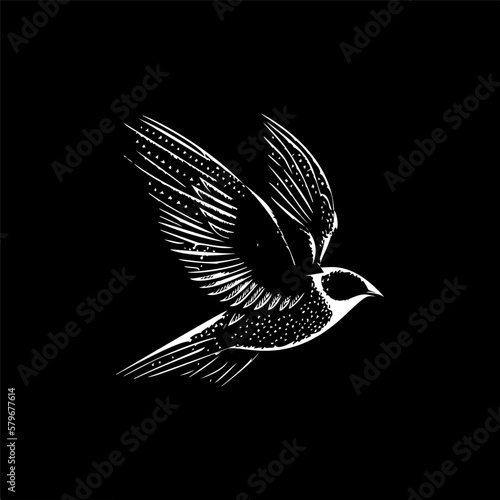 Swallow flight dotwork tattoo with dots shading, depth illusion, tippling tattoo. Hand drawing bird emblem on black background for body art, minimalistic sketch monochrome logo. Vector illustration photo