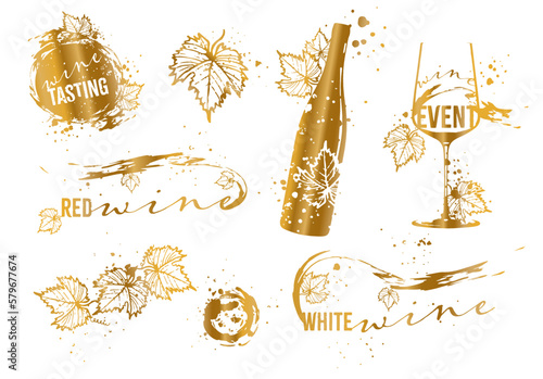 Wine tasting - hand drawn line art of wine, bottles and glasses. Art for menu, shop, market or sale. Wine bottles with wine stains. Sketchy gold edition of grape leaves and different wine elements.