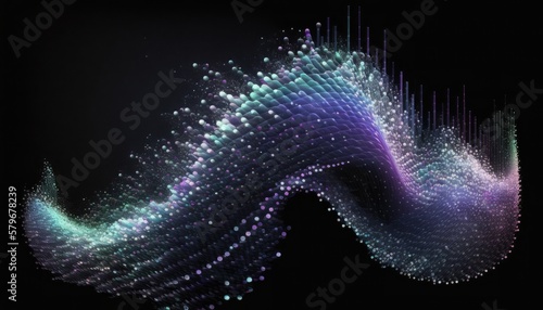 Abstract digital spectral colors wave with flowing small particles dance motion on wave on dark black backdrop. Cyber or technology background. Generative AI.