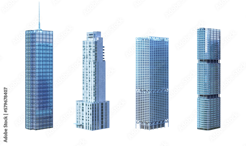 Skyscrapers, business towers, office, residential, commercial tall buildings set. Modern eco cityscape 3D render design element. Smart city megapolis town skyscraper icons isolated, transparent PNG - obrazy, fototapety, plakaty 