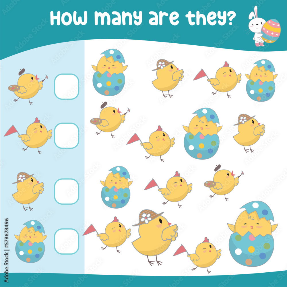 Mathematics activity page with cute and kawaii rabbits and chicks. Calculate and write the result. How many worksheets. Educational printable math for children. Vector file.
