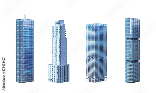 Skyscrapers, business towers, office, residential, commercial tall buildings set. Modern eco cityscape 3D render design element. Smart city megapolis town skyscraper icons isolated, transparent PNG photo