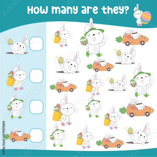 Mathematics activity page with cute and kawaii rabbits and chicks. Calculate and write the result. How many worksheets. Educational printable math for children. Vector file.