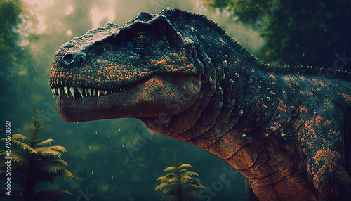 Valokuva Closeup on head with sharp teeth of carnivorous dinosaur