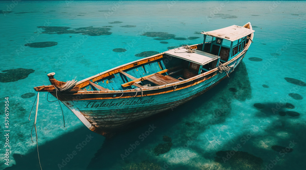 Wooden fishing boat in paradise turquoise waters. Tropical sea landscape with boat. Generative AI Wooden fishing boat in paradise turquoise waters. Tropical sea landscape with boat. Generative AI