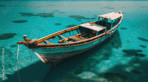 Wooden fishing boat in paradise turquoise waters. Tropical sea landscape with boat. Generative AI