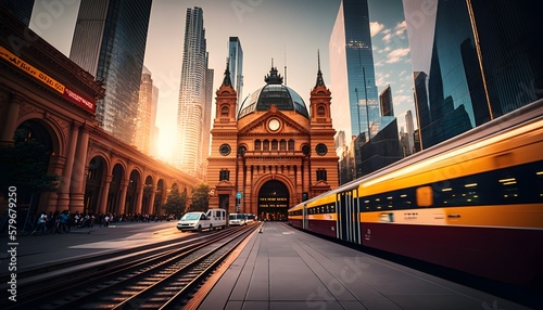 Illusrtration of the vibrancy and energy of Melbourne's central business district using a full-frame view. Showcasing the city's iconic architecture and bustling streets. Generated by AI. photo