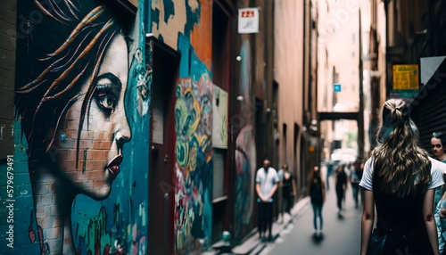 Illustration of the cultural richness of Melbourne's laneways to showcase the city's diverse street art and unique urban vibe. Using a cool color tone and a natural rendering style. Generated by AI.