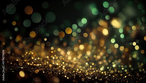 Gold green and black glitter lights background. generative Ai