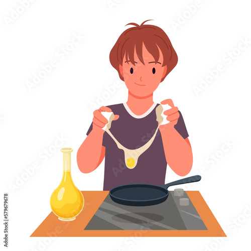 Boy cooking breakfast at home kitchen vector illustration. Cartoon cute little child standing by table with electric stove to make fried or scrambled eggs, kid with smile breaking egg to fry in pan