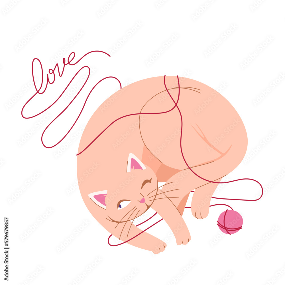 Cute cat playing with ball and wool thread with love text vector illustration. Cartoon adorable little kitty character with paws, tail and funny face sleeping in greeting card on Valentines Day Cute cat playing with ball and wool thread with love text vector illustration. Cartoon adorable little kitty character with paws, tail and funny face sleeping in greeting card on Valentines Day