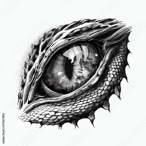 Foto Dragon or dinosaur monster eye tattoo, sketch, tshirt print