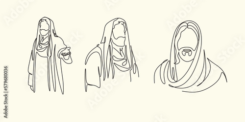 Continuous line drawing of Jesus Christ , linear style and Hand drawn Bible Christian scene of son of God with people and kids. Easter illustration