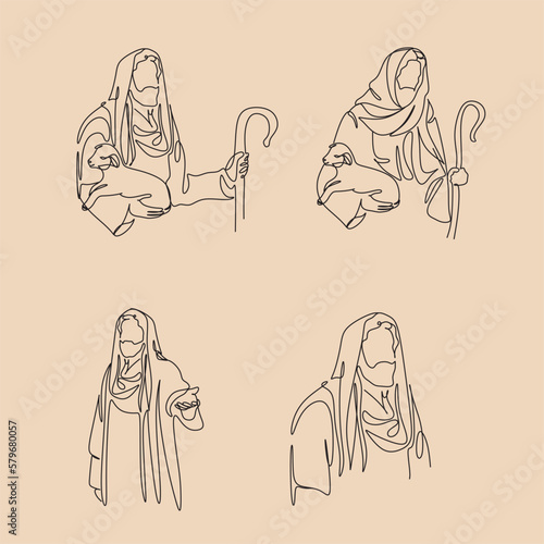 Continuous line drawing of Jesus Christ , linear style and Hand drawn Bible Christian scene of son of God with people and kids. Easter illustration