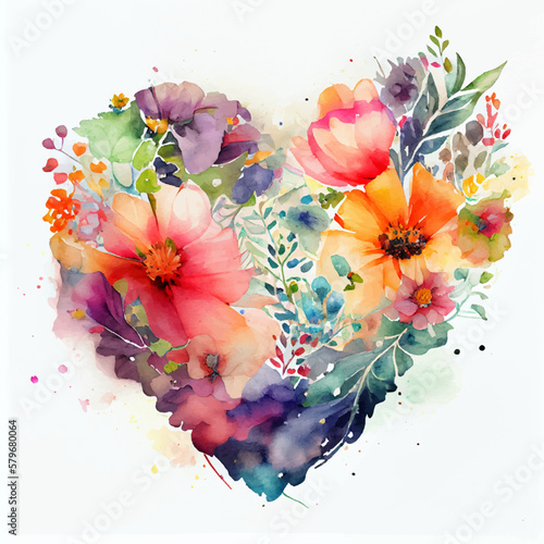 Watercolor heart shaped flowers and wildflowers for Valentine's Day. Heart features a radiant display of colorful and beautiful flowers, great template for wedding invitations or greeting cards