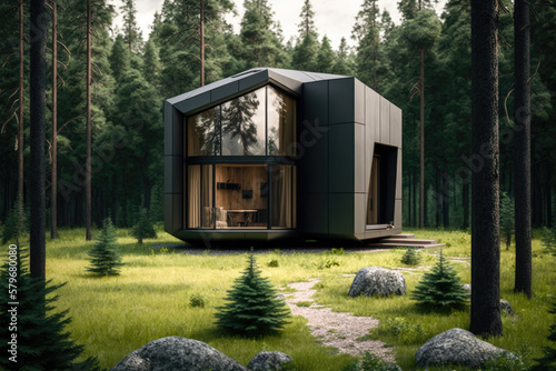 Cozy modern house in the middle of the forest. Generative AI © piai