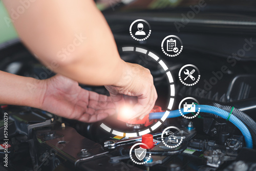 Car service technology, Terms of Customer Service Guarantee on virtual screens concept, Employees maintenance check the conditions of service repair auto part on standard process