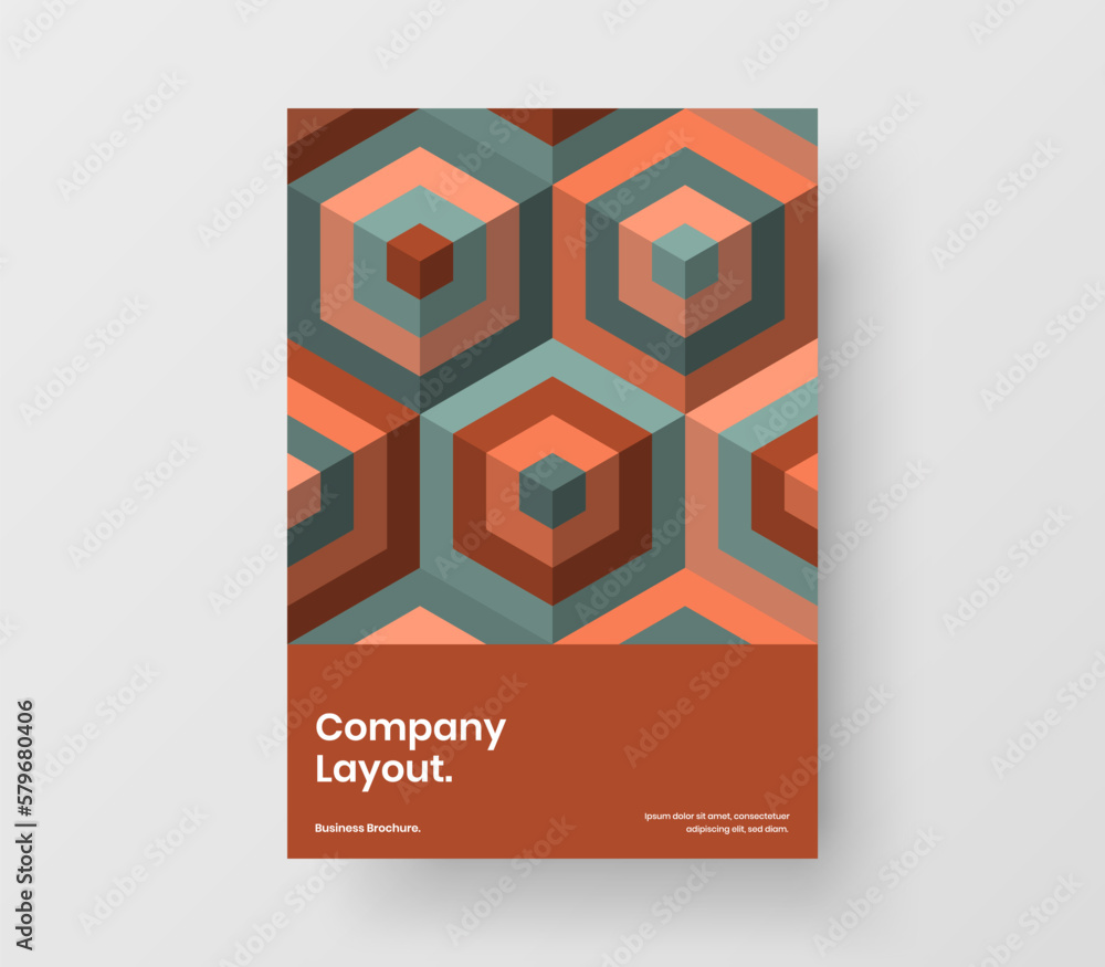 Colorful journal cover design vector concept. Vivid geometric hexagons leaflet illustration.