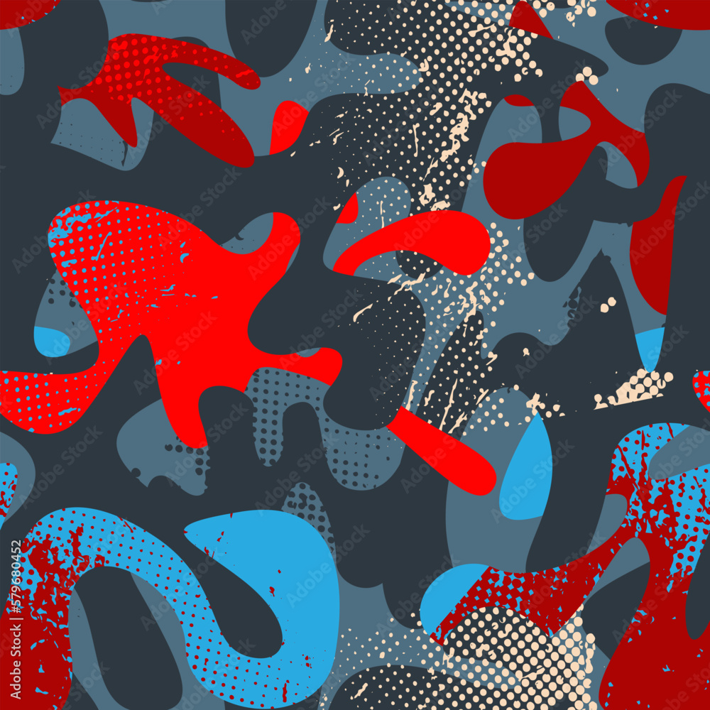 Urban abstract seamless pattern with colorful wave shapes and grunge spots