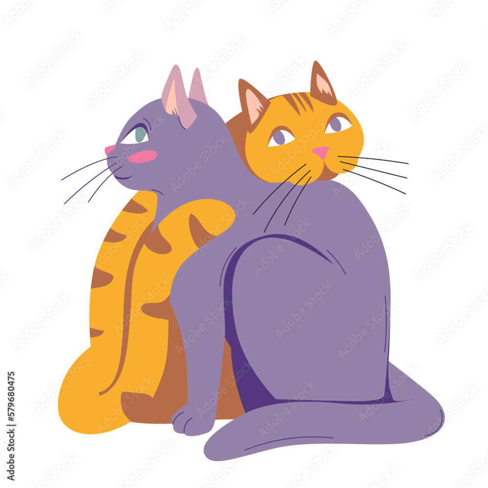 Two cats sitting together vector illustration. Cartoon couple of cute happy kittens with funny faces, paws and tails hugging in love, romantic and kawaii pets family for Valentines Day greeting card