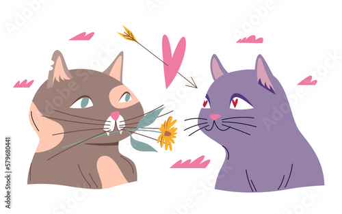 Cute couple of cats on romantic date vector illustration. Cartoon funny kitty holding flower in teeth, giving love gift to adorable kitten character with hearts in eyes, Valentines Day greeting card