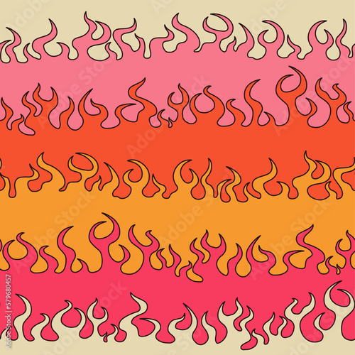 1970 Retro Fire Pattern. Vintage Flames in Orange, Pink, Yellow and Beige Colors. Vector Hippie Aesthetic. Flat Design. Trendy Graphic Cover, T-shirt, Sticker, Wallpaper, Social media Background. 