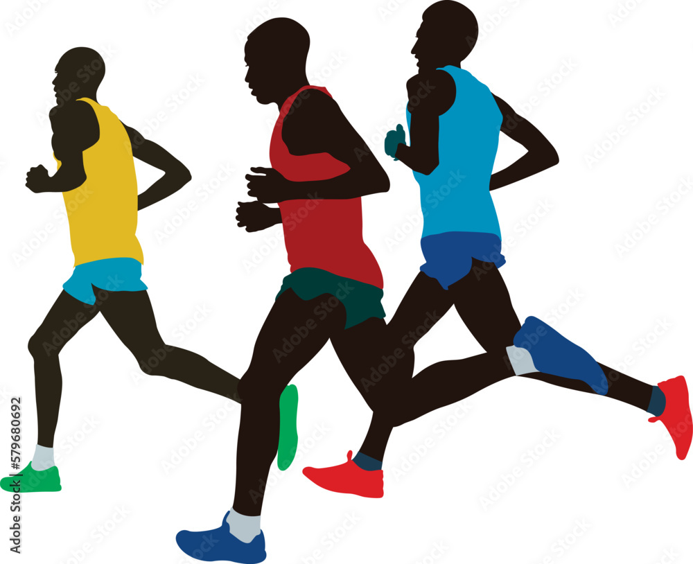 leading group international runners athletes running marathon, colored silhouette on white background, vector illustration, summer olympic games
