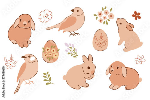 Easter baby rabbit, birds, eggs set. Cute vector bunny isolated element, spring floral collection hand drawn in vector. Beige naive animals, flowers, leaves illustration. Decorative hare, sparrow.
