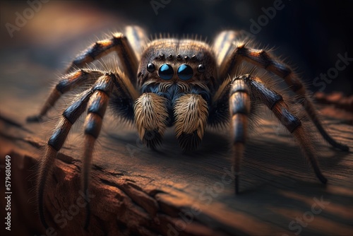 Extreme close-up shows a hairy, eight-eyed tarantula scuttling on a plank of wood. Generative AI