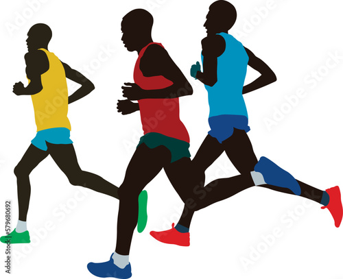 leading group international runners athletes running marathon, colored silhouette on white background, vector illustration, summer olympic games