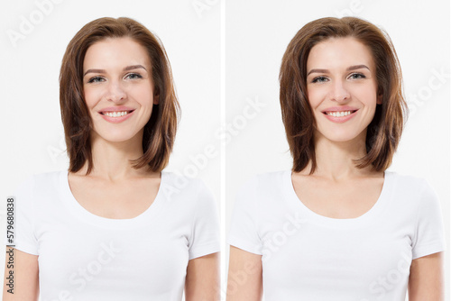 Before after hair lift styling treatmant. Before-after woman Volume hair. Beauty salon care. Short type of haircut. Barber shine cosmetics photo