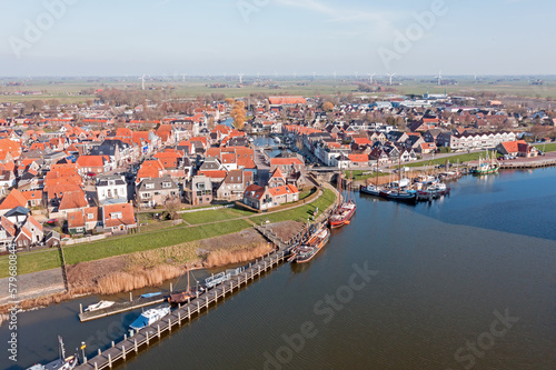 Aerial from the historical town Makkum in Friesland the Netherlands