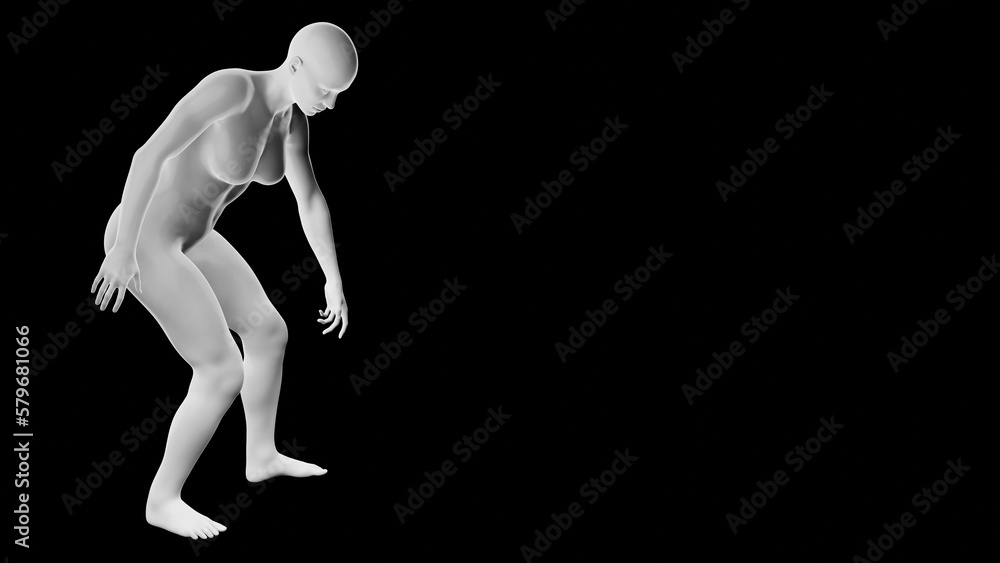 Beautiful athletic young woman posing isolated on black - 3d illustration, rendering. Side view Beautiful athletic young woman posing isolated on black - 3d illustration, rendering. Side view