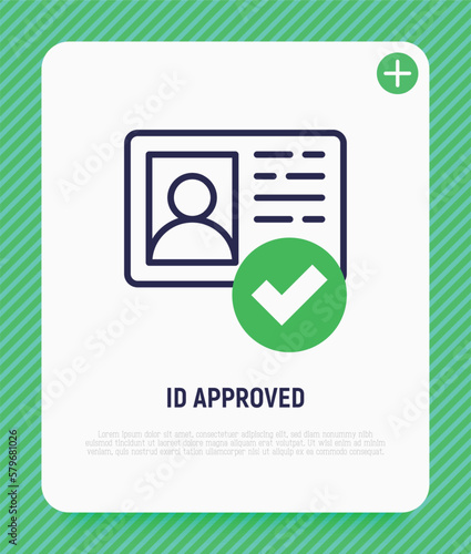 Id approved thin line icon. Id card with check mark. Authentication, membership. Modern vector illustration.