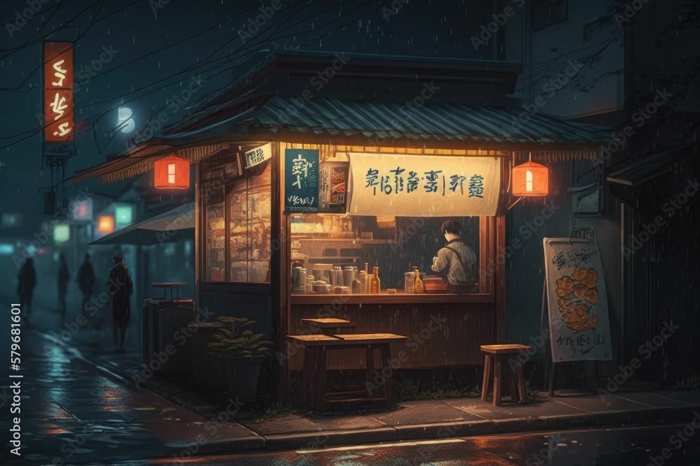 Rainy Japanese Street With Ramen Shop At Night Generative AI Stock 