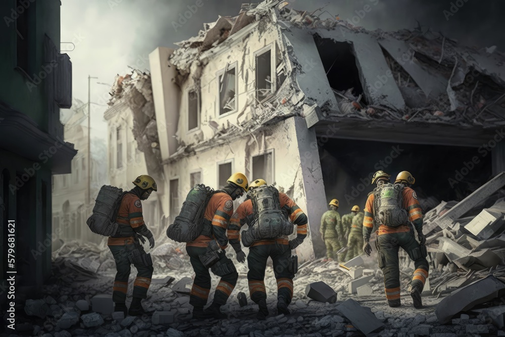 Rescuers helping people under the rubble. Generative AI.