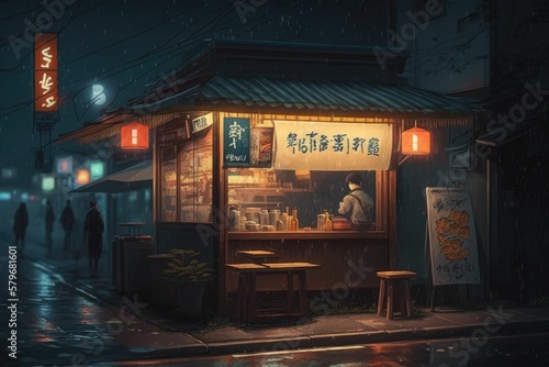 Rainy Japanese street with ramen shop at night. Generative AI.