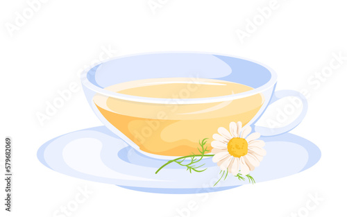 Herbal tea in cup. Cartoon wild camomile flowers with white petals and green leaf on stem