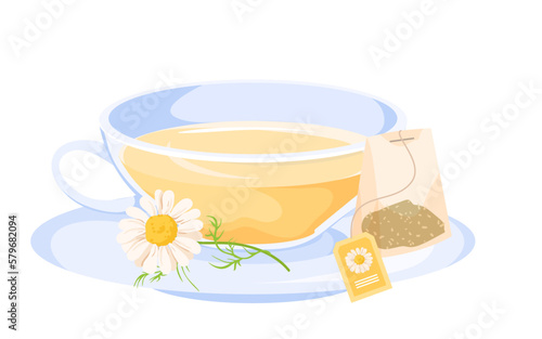 Chamomile tea cup vector illustration. Cartoon glass transparent teacup with herbal healthy hot drink, summer camomile flower and leaf on plate, paper bag with aromatic chamomile herbs and label