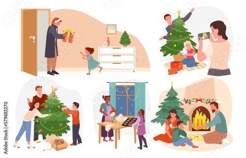 Happy family Christmas time at home set vector illustration. Cartoon cute scenes with mother, father and child decorate Christmas Tree, play board game by fireplace, bake cookie and give gifts