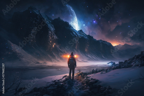 Epic winter arctic landscape. A man stands on a rock and looks into the distance at the mountains. Polar night, stars and moon in the sky. Traveler on a hike in northern nature. Generative AI.